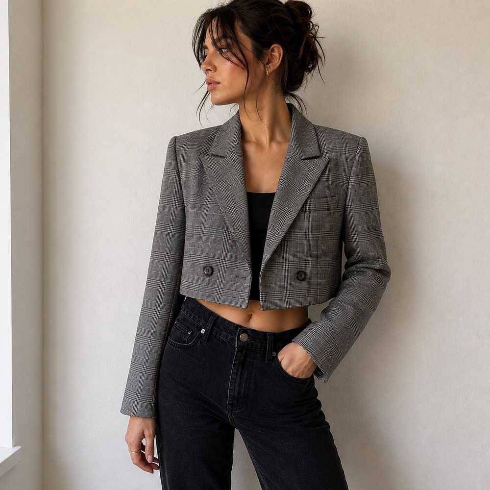 The Westside Grey Plaid Cropped Tailored Blazer Jacket XS Dark Academia Preppy